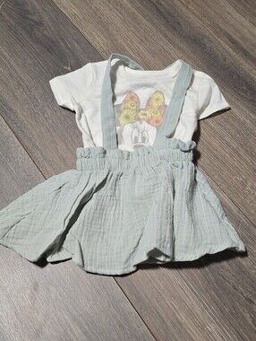 Disney NEW Minnie Mouse 2pc Cotton Blend Overall Jumper Dress Short Sleeve Top